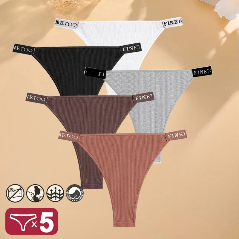 Conjunto de 5 peças de lingerie sexy feminina em algodão, com estampa de letras, cintura baixa, modelo Finetoo, confortável e íntima.