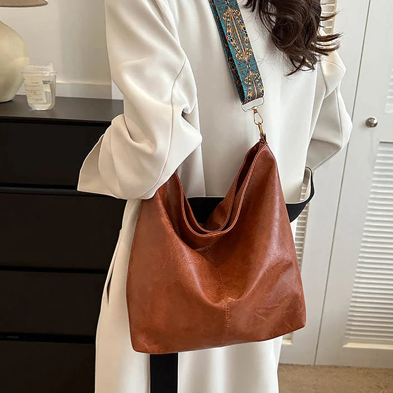 Bolsa transversal feminina com alça geométrica larga, grande capacidade, estilo retrô, em couro PU