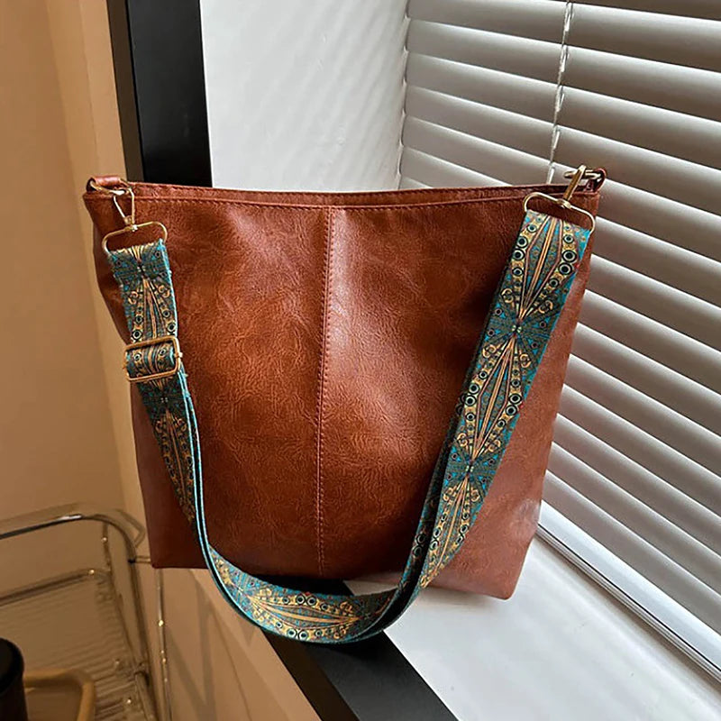 Bolsa transversal feminina com alça geométrica larga, grande capacidade, estilo retrô, em couro PU