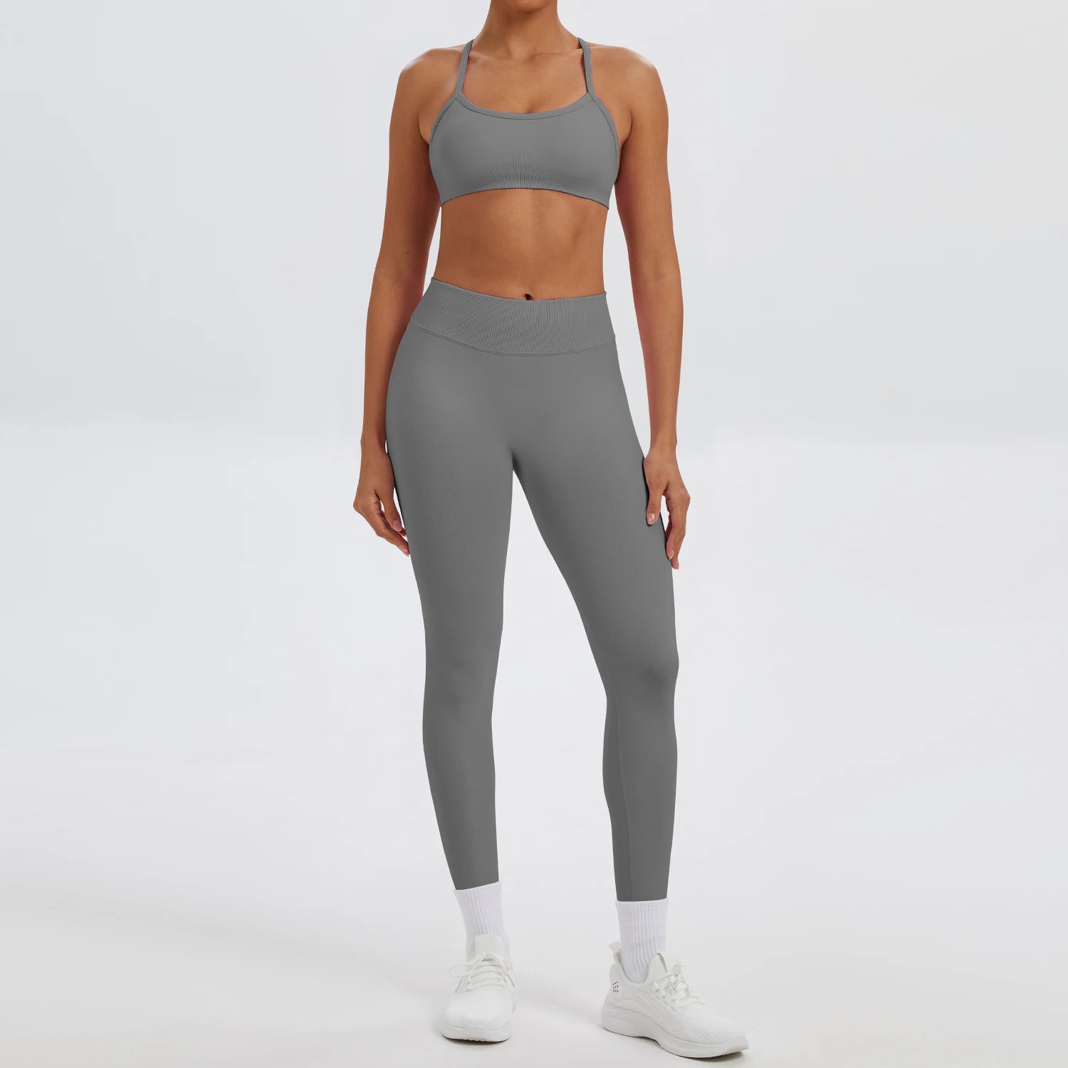 Conjunto Fitness Feminino de 2 Peças para Yoga e Academia – Top Esportivo e Legging de Cintura Alta Sem Costura para Treinos e Atividades Físicas
