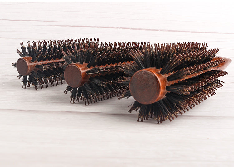 Escova de cabelo redonda com cabo de madeira,pente de cabelo reto com cerdas de javali, escova modeladora de cachos