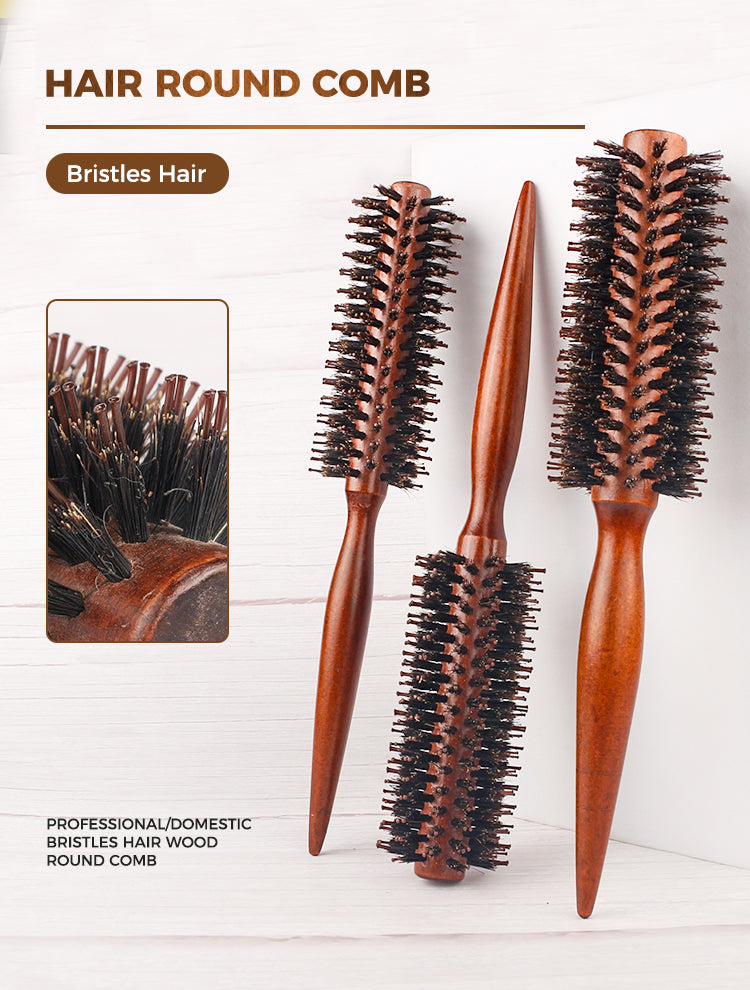 Escova de cabelo redonda com cabo de madeira,pente de cabelo reto com cerdas de javali, escova modeladora de cachos