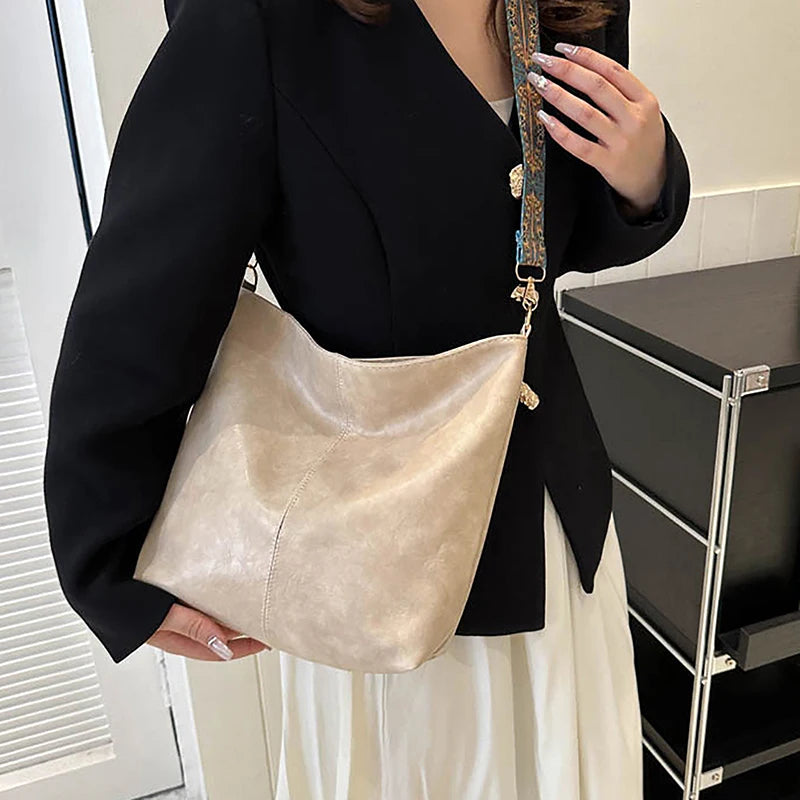Bolsa transversal feminina com alça geométrica larga, grande capacidade, estilo retrô, em couro PU