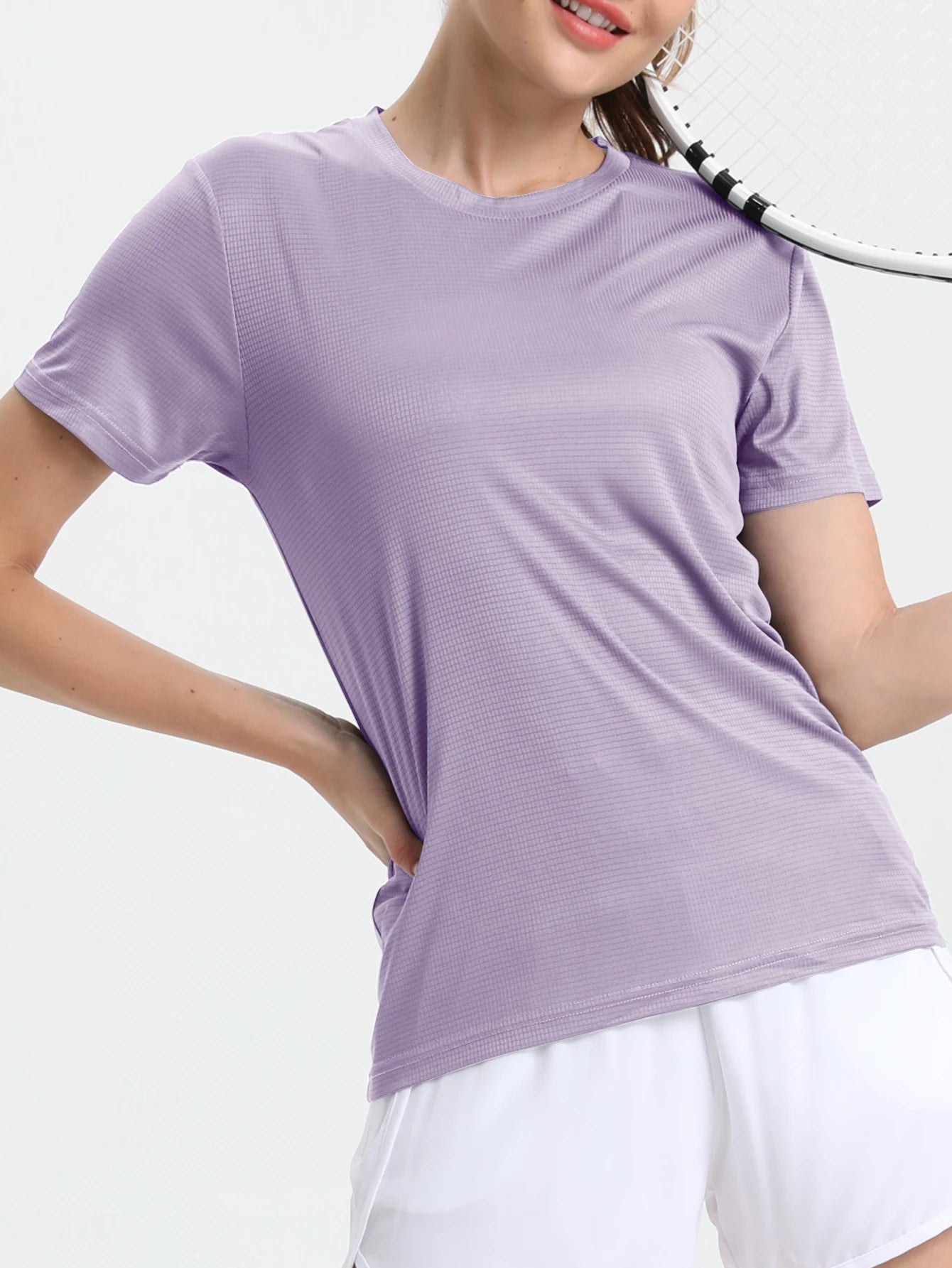 Camiseta esportiva feminina de cor sólida, ultraleve, de secagem rápida, respirável e leve, ideal para corrida e academia.