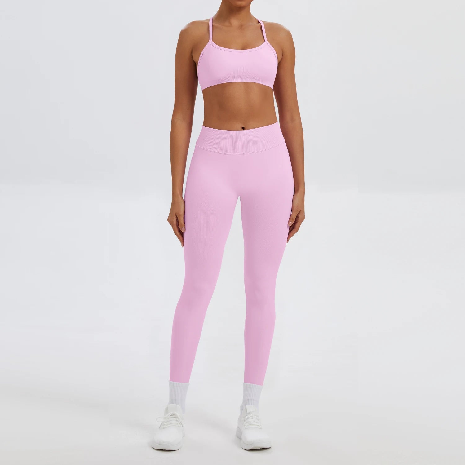 Conjunto Fitness Feminino de 2 Peças para Yoga e Academia – Top Esportivo e Legging de Cintura Alta Sem Costura para Treinos e Atividades Físicas