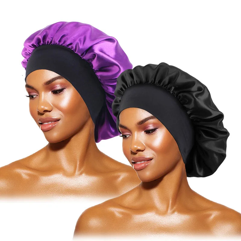 Touca feminina de cetim lisa com aba larga, ideal para dormir, tomar banho ou como touca noturna.