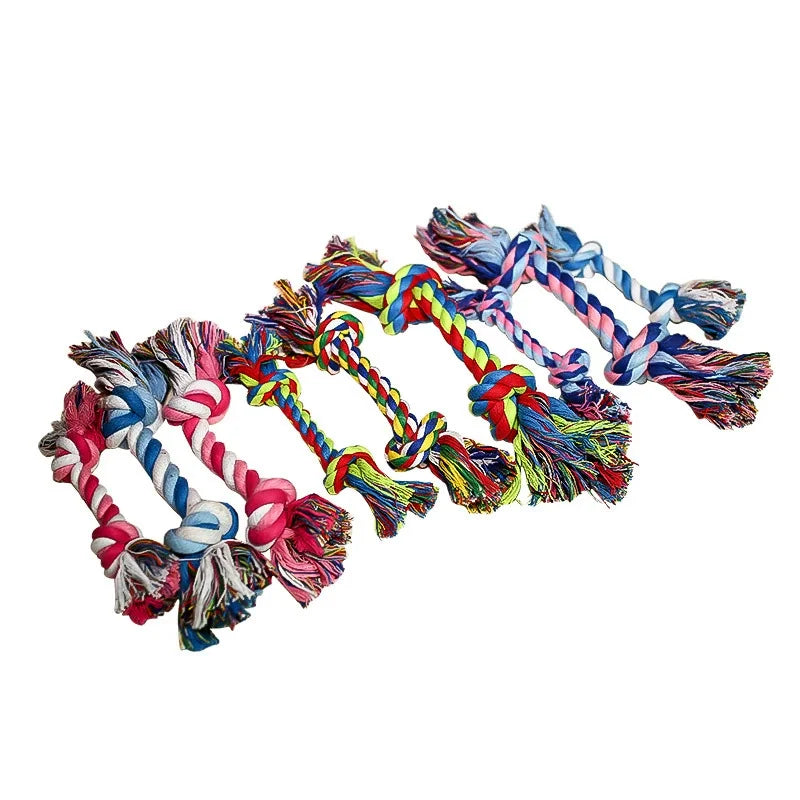 Colorful cotton double-knot dog toy, durable rope for chewing and teeth cleaning.