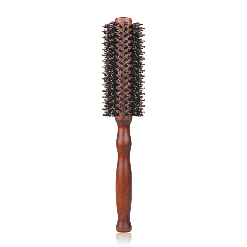 Escova de cabelo redonda com cabo de madeira,pente de cabelo reto com cerdas de javali, escova modeladora de cachos