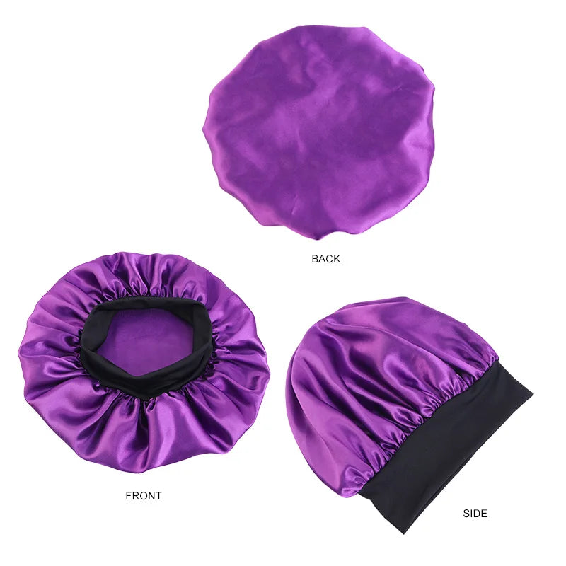 Touca feminina de cetim lisa com aba larga, ideal para dormir, tomar banho ou como touca noturna.