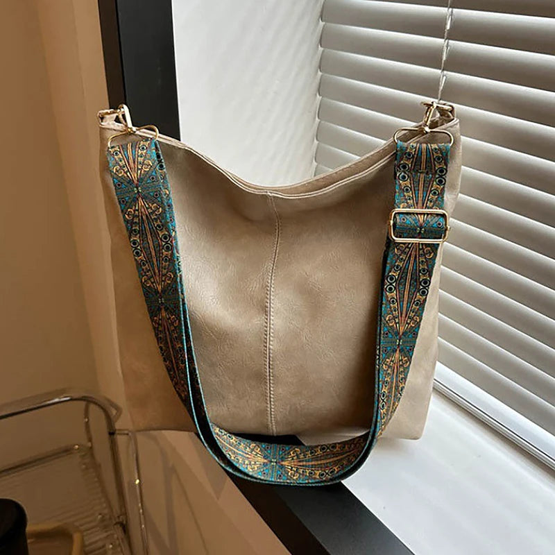 Bolsa transversal feminina com alça geométrica larga, grande capacidade, estilo retrô, em couro PU