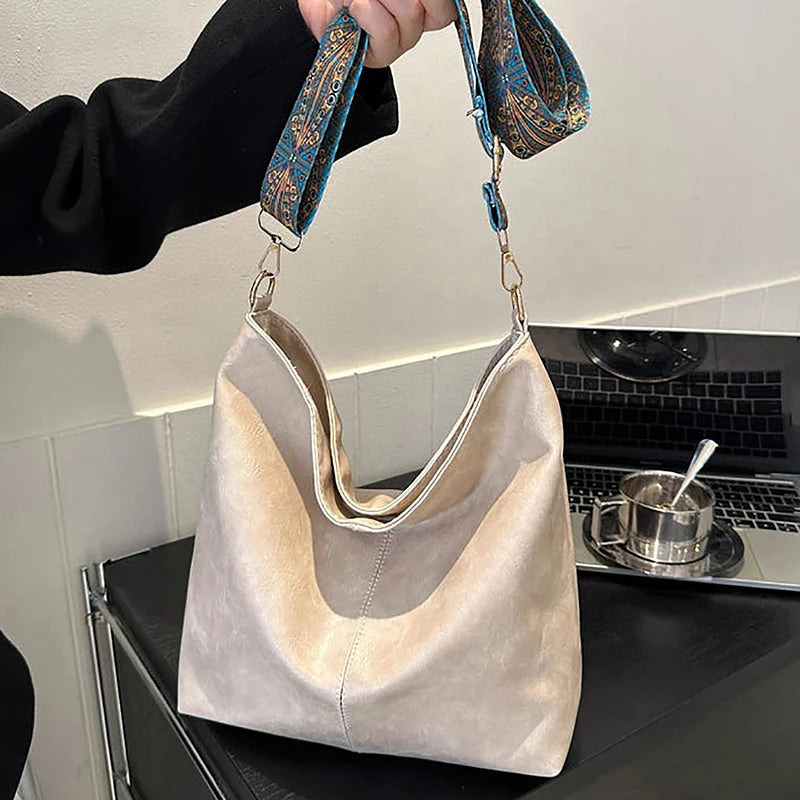 Bolsa transversal feminina com alça geométrica larga, grande capacidade, estilo retrô, em couro PU