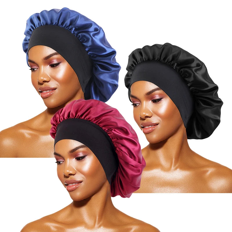 Touca feminina de cetim lisa com aba larga, ideal para dormir, tomar banho ou como touca noturna.